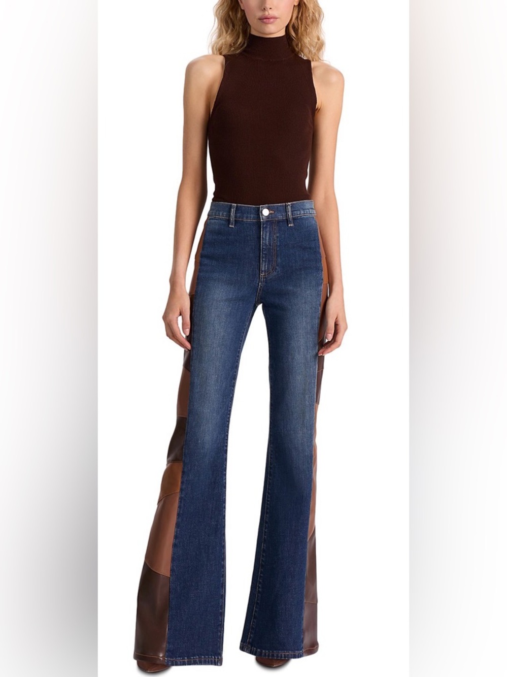 Alice + Olivia Dark Blue Denim Flare Jeans with Brown Patch Panels - Picture 2 of 9